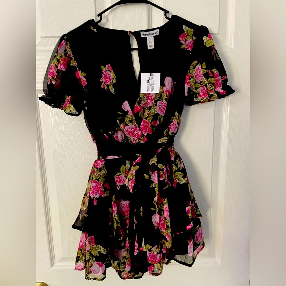 Charlotte Russe Black Floral Short Sleeve Romper with Pink Roses
